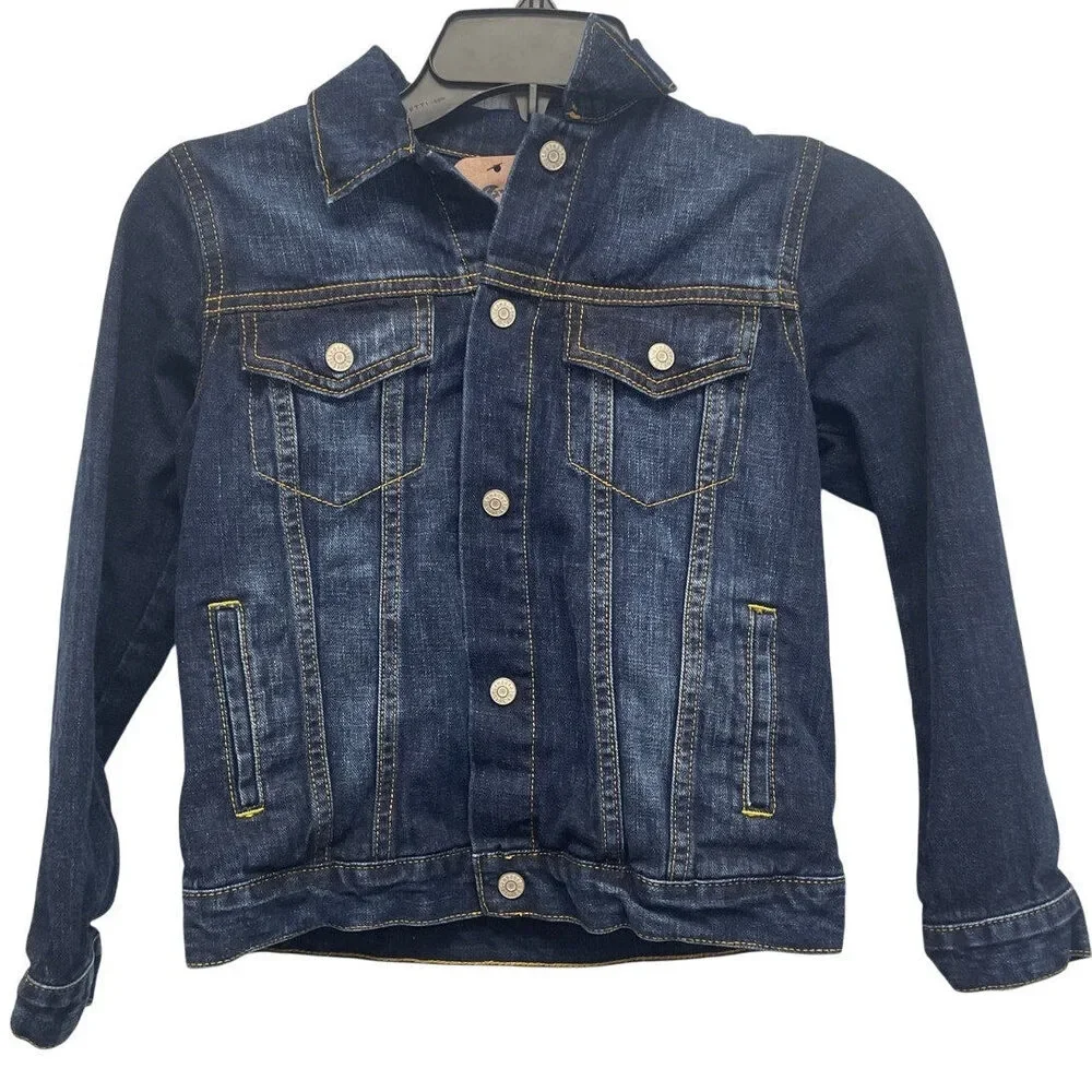 Hand Printed Upcycled Girls Medium Snap Front Wood Pine Cone on Back Jean Jacket